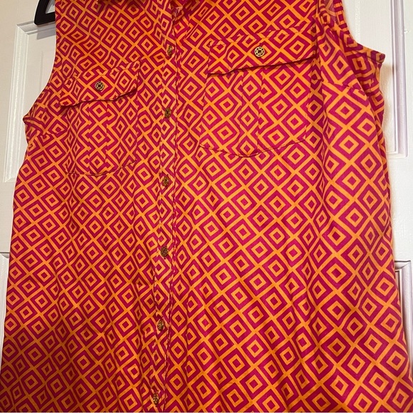 #56 JACLYN SMITH PINK ORANGE GEOMETRIC GOLD BUTTON BLOUSE MEDIUM - Picture 4 of 6